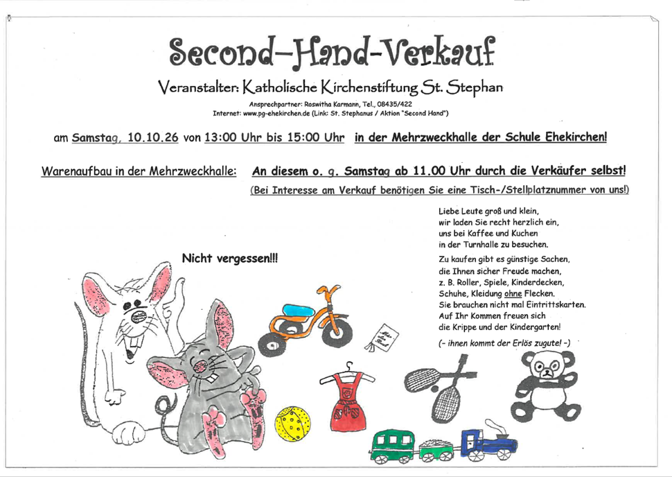 Das Plakat des Second Hand Verkaufs im Oktober 2026, zeigt eine Illustration von Mäusen und Spielsachen