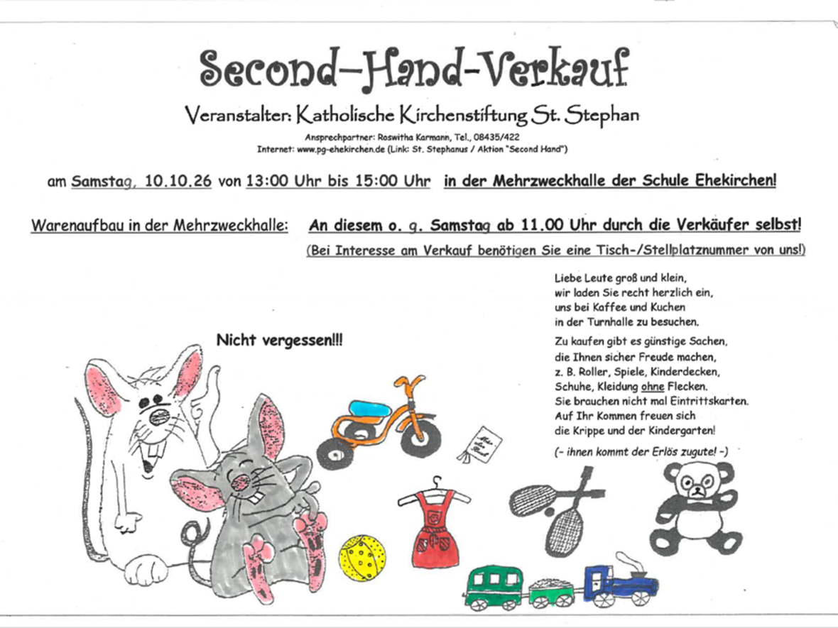 Das Plakat des Second Hand Verkaufs im Oktober 2026, zeigt eine Illustration von Mäusen und Spielsachen