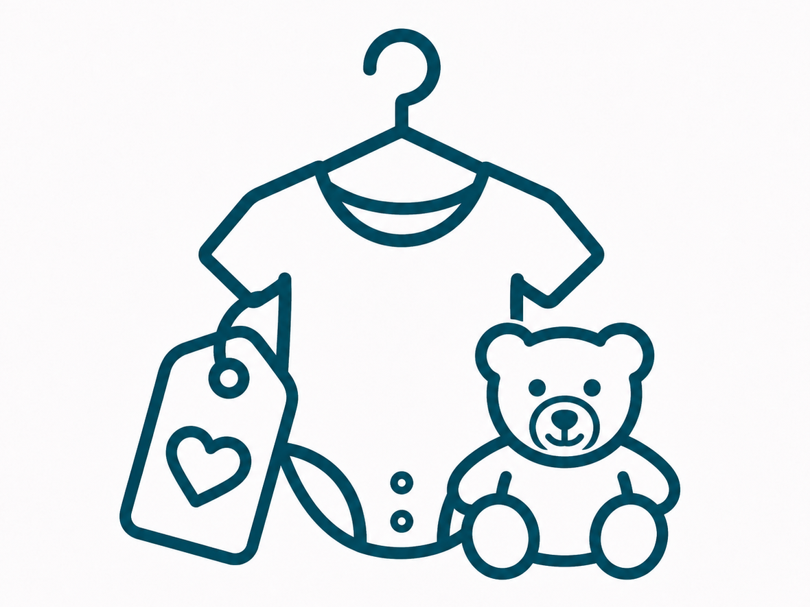 Kinderkleidung mit Preisschild und einem Teddybären daneben.